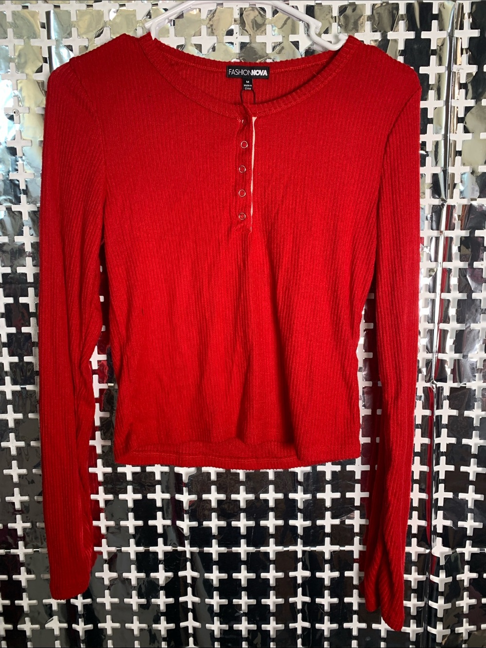 Fashion Nova Red Ribbed Henley Button-Front Long Sleeve Top